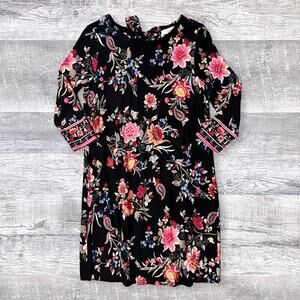 LOFT Black Floral Shift Dress Womens S Petite 3/4 Sleeve Knee Length Stretch